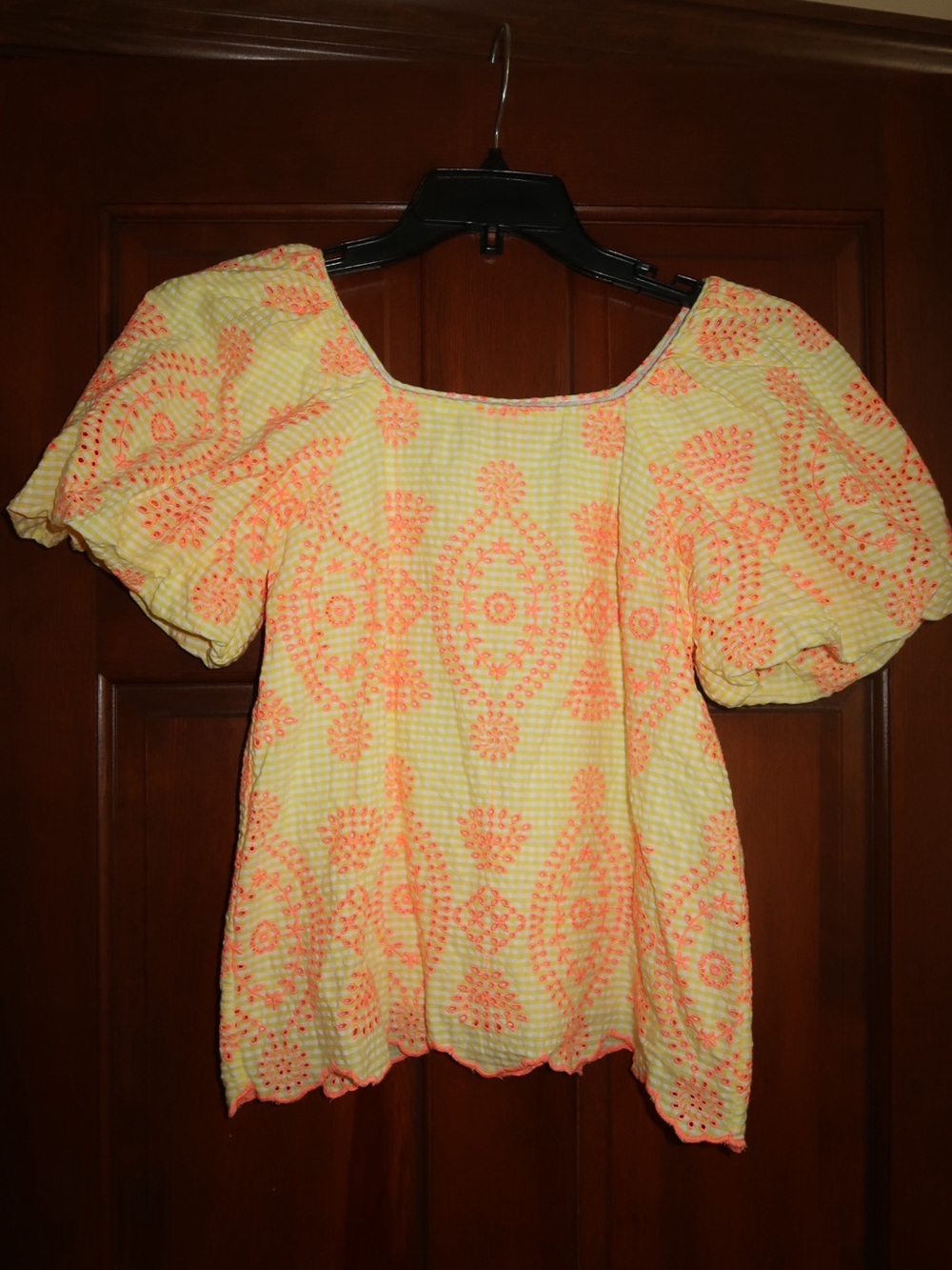 Lilly Pulitzer Yellow Eyelet Puff-Sleeve Blouse with Coral Embroidery